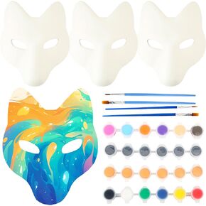 12 Pcs DIY White Fox Wolf Mask Set - Including 4 Blank Therian Masks, 4 Pcs Paint, 4 Painting Brushes - Halloween Masquerade Cosplay Parties Costume Accessory