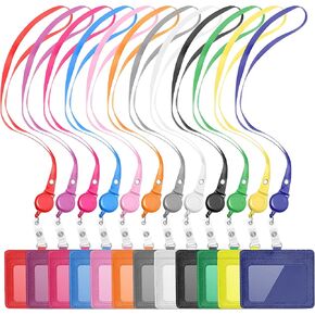 12 Sets PU Leather ID Badge Holder Retractable Name Badge Reel with Lanyards Waterproof Clear Card Holder with 1 Transparent ID Window 1 Credit Card Slot for Women Men Nurse School Office (Horizontal)