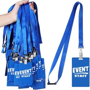 Qilery 50 Sets Event Staff Lanyards with PVC Pass Card Blue Plastic Event Staff ID Badge Bulk Small Breakaway Lanyards Holders for Sporting Concerts Festival Birthday Gaming Ticket Party Supplies