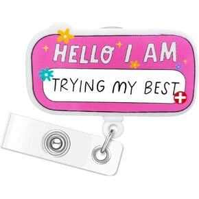 I'm Trying My Best Badge Reel: Pink Funny Badge Holder Retractable with ID Clip for Nurse Nursing Name Tag School Nursing Student Teacher Doctor Medical Assistant Work Office