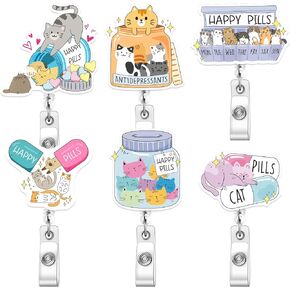 Geyoga 6 Pcs Cats Badge Reel Happy Pills Cat Lover Badge Clip Funny Mental Health Retractable ID Holder for Nurses Doctor Teacher Volunteer ID Card