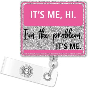 ERHACHAIJIA It's Me, Hi. I'm The Problem Retractable Silver Glitter Badge Reel With Clip, Funny ID Card Badge Holder Gift for Nurses Doctors Country Music Lover Singer Fans Office Worker Social Worker