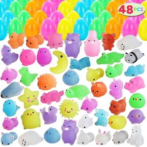 JOYIN 48 Pcs Easter Prefilled Eggs with Mochi Squishy Toys, Glitter Stress Reliever Squishy Toy for Easter Egg Hunt, Kids Party Favor, Basket Stuffers, Goodie Bag Fillers, Classroom Prize Supplies