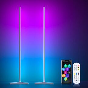 MIHEAL 2PCS Corner Floor Lamp, Synced Lights LED Control Floor Lamp RGB Light 56" Smart LED Corner Lamp App and Remote for Living Room Gaming Bedroom and Etc.