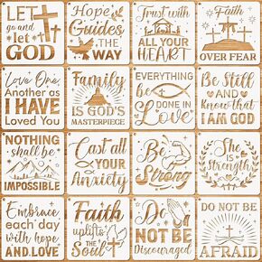 16 Pieces Christian Inspirational Stencils, Bible Verse Motivational Quotes Word Stencils Set, Plastic Reusable Template for Painting DIY Wood Wall Canvas Sign for Home Decoration, 20×20 CM