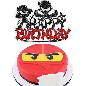 Ephlyn 1Pc Ninja Happy Birthday Cake Topper Black Glitter Martial Arts Karate Kung Fu Warriors Cake Decorations Ninja Theme Baby Shower Kids Boys Girls Birthday Party Cake Decorations Supplies