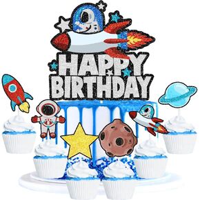 7PCS Astronaut Happy Birthday Cake Topper-There are planet spaceships suitable as decorations for outer space themed parties, cosmic themed birthday party and baby showers for boy or girl.-SugarGera