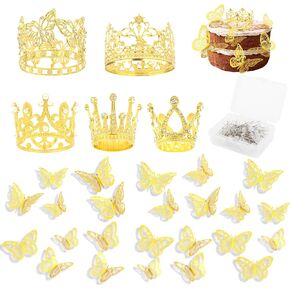 Crowns for Flower Bouquets 5 Pcs Crown Cake Topper and 100 Pcs Pins for Flowers 24 Pcs 3D Gold Butterfly Decor Flower Bouquet Accessories Crown for Cake