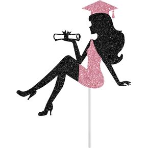 Graduation Cake Topper 2025, Graduation Girl Cake Topper, Congrats Grad Girl Graduation Cake Decor, Girls Graduation Party Decorations, Black and Pink Glitter