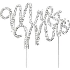 MRS & MRS Wedding Cake Topper - علامة راينستون كريستال سباركلي ، معدن فضية مميز ، حفل زفاف وتزيين الذكرى السنوية