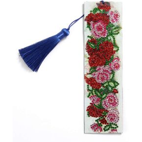 VETPW 5D Diamond Art Painting Bookmark with Rose Design, DIY Gift Making Kit, Special Shaped Diamond Tassel Leather Bookmark Embroidery Painting Kit for Beginners