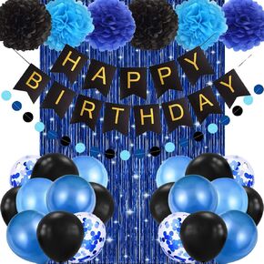Blue and Black Happy Birthday Decorations for Men Boys, Navy Blue Birthday Decorations with Banner, Pom Poms, Foil Curtain for Him 13th 16th 18th 20th 21st 25th 30th 40th 50th 60th Party Supplies