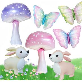 7Pcs Mushroom Balloons Butterfly Rabbit Balloons/Forest Plant Theme Decorations/Alice in Wonderland Balloons/Mushroom Theme Party/Wonderland Fairytale Party Supplies/Spring Holiday Picnic Decor