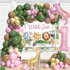 Wild One Birthday Decorations For Boys Safari Balloon Arch With Wild One Banner Backdrop, Tablecloth, Gold 1 Balloons And Animal Foil Balloons For Jungle Baby Shower Boy 1st Birthday Decorations
