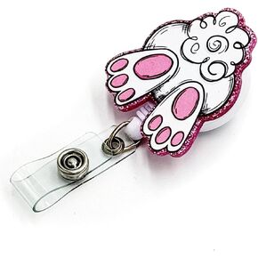 Easter Badge Reel Retractable with Alligator Clip Bunny Rabbit Tail Badge Holder Acrylic Name Tag Clip for Holiday Nurses Nursing Teachers Students
