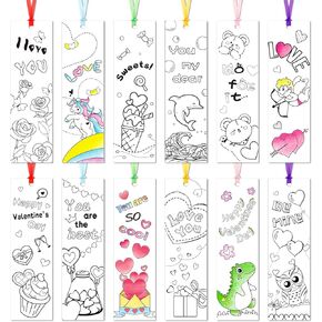 108 Pieces DIY Bookmarks Heart Rose Bear Coloring Paper Bookmarks Happy Book Marks for Kid Be Mine You are So Cool Book Decorations for Valentine's Day Party Book Decor