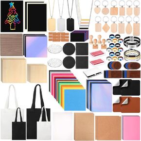 MiniInflat 253 Pcs Laser Engraving Material Kit Laser Cutting Engraving Materials Accessories Including Acrylic, PU Leather, Canvas, Wood, Metal, Felt, Rock, Glass, Rubber Materials for Laser Engraver