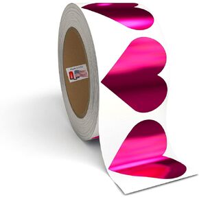 1.5" Heart Adhesive Label Stickers, Over 500 Stickers Per Roll, Choose from Silver, Gold, Holo, USA, Shiny Colors, and More - 1-1/2 Inch for Teachers Parents and Kids - Made in The USA (Pink FOIL)