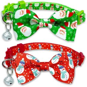 Christmas Cat Bow Tie Collar with Bell, 2 Pack Holiday Kitty Kitten Santa and Snowman Collar for Male Female Girls Boys