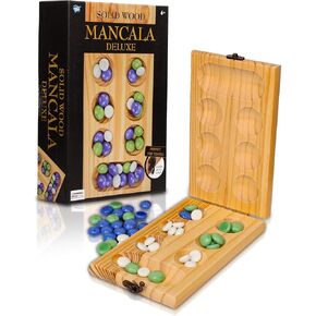 ألعاب النقطة الصلبة Wood Wood Deluxe Mancala - لعبة طي لعبة W Metal Marbles و Glass Marbles- Game Strategy Travel Game - MOURCH AGES 6+