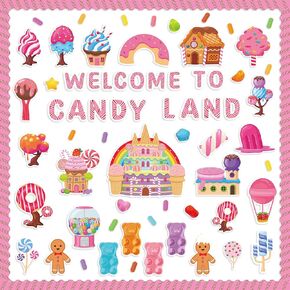 B1ykin 155Pcs Candyland Classroom Bulletin Board Decorations Set, Welcome to Candy Land Ice Cream Round Lollipop Cutout border, Children Sweet Birthday Themed Party Supplies Photo Prop for Inside Wall