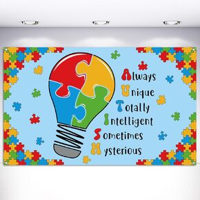 Vohado Autism Awareness Photo Booth Backdrop Puzzle Piece Love Needs No Words April Decoration School Classroom Bulletin Board Wall Decor-5.9×3.6ft