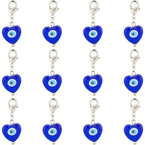 NBEADS 12 Pcs Evil Eye Lampwork Pendants, Blue Heart Shape Evil Eye Charms with Alloy Lobster Clasp Lucky Eye Clip on Pendant for Hanging Ornament DIY Jewelry Earring Necklace Craft Making