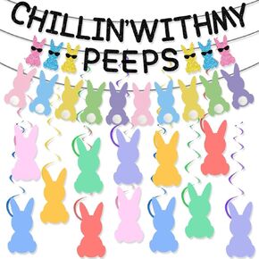 Easter Bunny Party Decorations – Chillin with My Peeps Banner, Bunny Rabbit Garland, Hanging Swirls for Spring Party Favors, Happy Easter Day Home & Party Decor