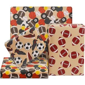 AircooL Sports Gift Wrapping Paper, 9 Sheets Rugby Basketball Tennis Baseball Football Kraft Wrapping Paper, 20x28 Inches per Sheet Birthday Paper for Men Boys
