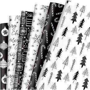 JarThenaAMCS 12 Sheets Christmas Wrapping Paper -Not Roll- Black White Xmas Tree Snowflake Candy Cane Gift Wrap Paper Folded Flat Craft Paper for Winter Holiday Party Packaging, 27.6 x 19.7 Inch
