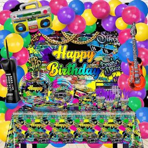 80s Birthday Decorations 280 PCS Back to The 80s 90s Backdrop Balloons Hip Hop Plates Napkins Cups Party Supplies Serve 24 Decades Party Decorations