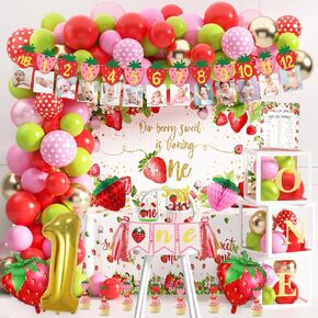 100 Pcs Strawberry 1st Birthday Party Decorations - Berry First Birthday Decor for Girls - Strawberry Theme Sweet One Party Supplies Include Banners Balloon Boxes Backdrop Tablecloth Crown Poster