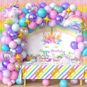 129 Unicorn Birthday Decorations Party Supplies Girls Pink Purple Balloons Garland Arch Kit Backdrop Tablecloth Fringe Curtain Princess Kid Theme Party Supplies Unicorn Party Decorations