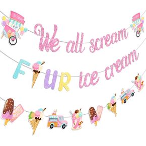 Jollyboom Three Scoops of Fun Banner Ice Cream 3rd Birthday Party Decoration for Girls, Glitter for Girl Summer Ice Cream Theme 3rd So Sweet Birthday Party Decoration