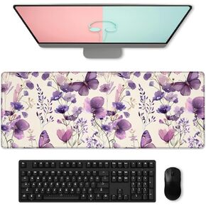 Floral & Butterfly Gaming Mouse Pad, Large Soft Purple Flower Desk Mat for Keyboard Computer Laptop, Non-Slip Rubber Base Extended Desktop Mousepad for Office Home Accessories 31.5"×11.8"
