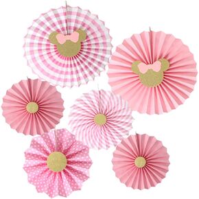6 Pcs Minnie Paper fans |Mouse Inspired Backdrop | Paper fans | Pink and Gold Paper Rosettes | Minnie 1st Birthday |Mouse Decor