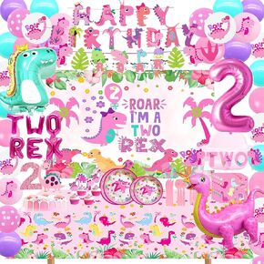 Two Rex Birthday Party Decorations Girl, Pink Dinosaur 2nd Birthday Party Supplies, 2nd Birthday Party Supplies Girl ,Pink Dinosaur Birthday Party Supplies