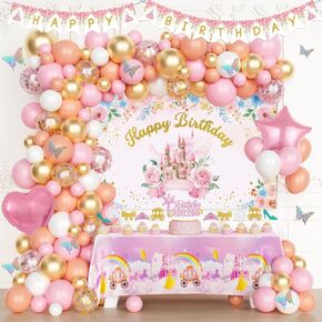 Princess Birthday Party Decorations, Pink Princess Birthday Backdrop Balloon Garland Arch Banner Tablecloth Cake Cupcake Topper 3D Butterfly for Girls Pastel Floral Castle Party Supplies