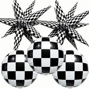 Black White Checkered Explosion Star Foil Balloon |Black and White Checkered Round Ball Balloons for boys birthday party,Race-themed birthday party,Las Vegas Casino party,Father's Day party decor