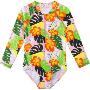 TFJH E Kids Girls Rashguard Swimsuit UV 50+ Long Sleeve One Piece Swimwear Zip