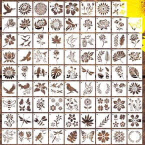 80 Pcs 4 x 4 Inch Stencils for Painting on Wood, Reusable Flower Butterfly Bird Bee Plastic Stencils DIY Craft Paint Template Set for Wall Home Decor