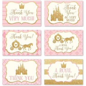 Hadley Designs 24 Princess Baby Shower Thank You Cards, Envelopes, Kids Thank-You Note, 4x6 Gratitude Card Gift For Guest Pack For Party, Birthday for Girl Children, Cute Pink Royal Queen Crown Event
