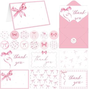 24 Pack Pink Bow Thank You Stails مع الأظرف ملصقات القوس ، ورق الترحيب ، والورق ، والورق ، بطاقات العمل Coquette ،