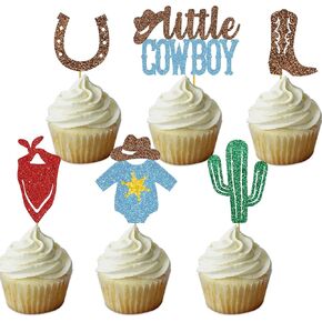 Cowboy Cupcake Toppers Western Baby Shower Decoration Glitter Little Cowboy Theme Food Picks 24 Pcs Blue