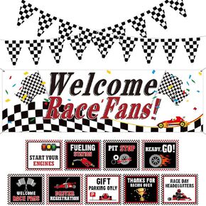 Tiamon Racing Car Party Decorations Set 9 Racing Party Signs 2 Black and White Checkered Flags Pennant Banner 1 Welcome Race Fans Banner Backdrop Race Car Birthday Supplies