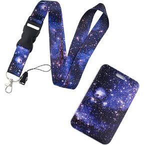 DMLSKY Galaxy Lanyard with ID Badge Holder for Women Teen Girls, Charm Hard Shell Card Case Name Badge Fabric Neck Detachable Lanyard for Work