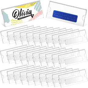 50 Pcs Magnetic Name Badge Holder Name Tags Kit with 3 Neodymium Magnets Clear Acrylic with Protective Film Mini Sign Display Holder DIY Name Label for School Business Office Doctors Waiters