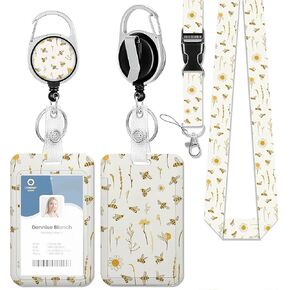 Bees Boho Daisy Florals ID Badge Holder Lanyard and Retractable Badge Reel Clip Name Card Vertical ID Protector,for Women Girl
