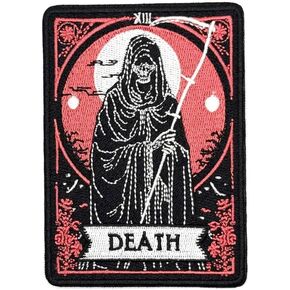 4" Death Card Iron On Patch | Embroidered Horror Halloween Tactical Morale Goth Vintage Rock Gothic Applique Appliques Iron On/Sew On Patches for Clothing, Backpacks, Hats, Jackets, Clothes