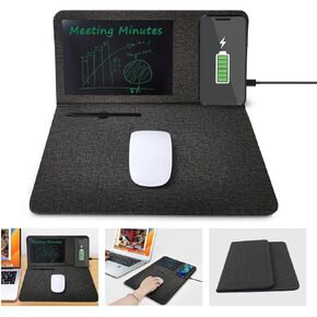 Qi Wireless Charging Mouse Pad with 8" LCD Writing Tablet,15W Fast Charging Mouse Mat, 3-in-1 Foldable & Vertical Multifunctional Office Desk Pad,Hard Micro-Textured Fabric PU Surface(Black)